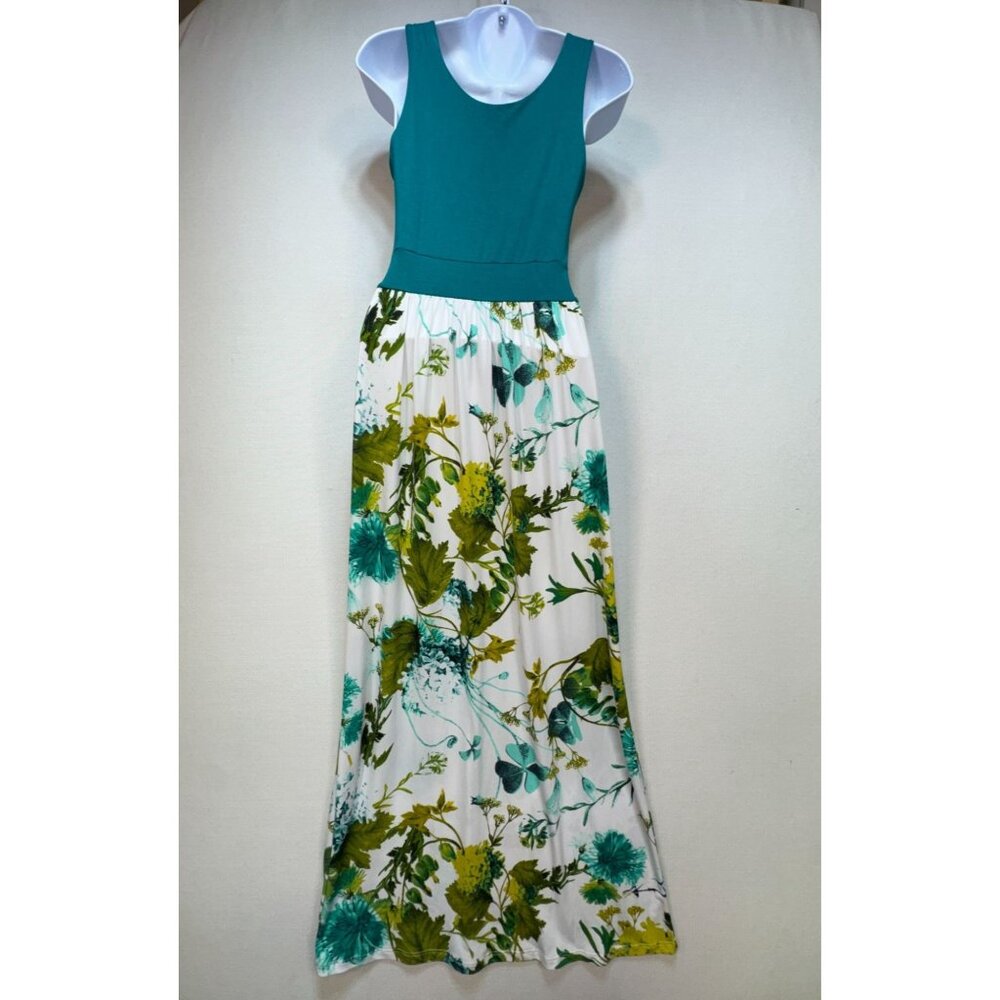 Gilli Teal & Floral Maxi Dress - Sleeveless V-Neck - Chic Beach Stunning - USA - Picture 9 of 15